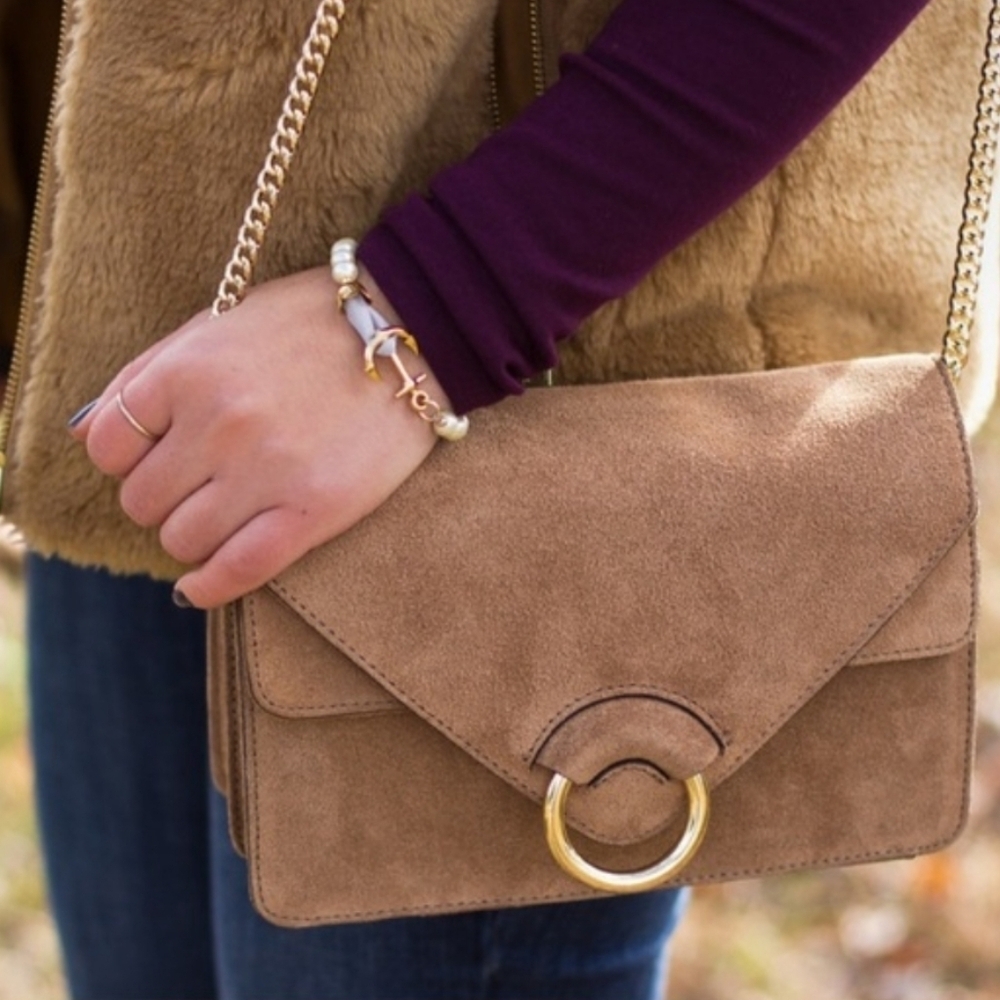 Banana Republic Tan Suede Italian Leather Accordion Bag with Gold Ring